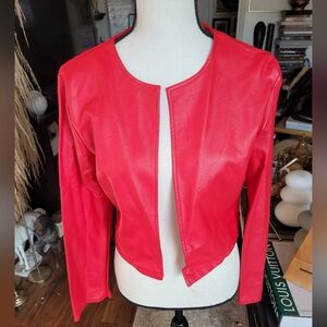 KRISP London Red Collarless Faux Leather Moto Jacket